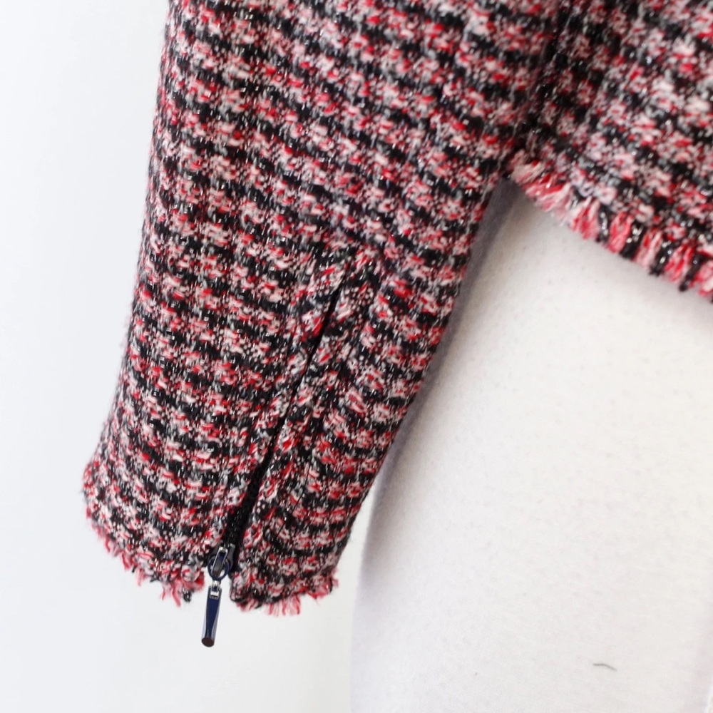 White House Black Market Tweed Moto Blazer Jacket Red Black Metallic Size 0 - Picture 6 of 12